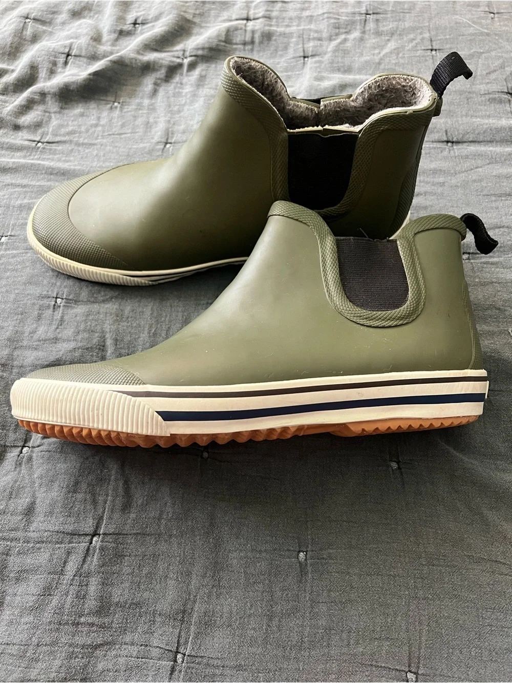 Tretorn Olive Green Chelsea Rain Boots with Contrast Stripe Sole